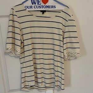 Talbots Cream and Black Striped Top with Lace Sleeves